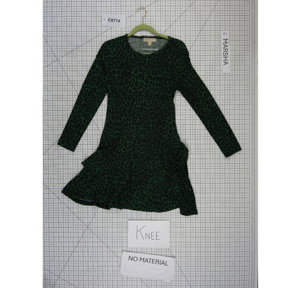 Michael Kors Green Leopard Print Ruffle Hem Dress Womens Size Medium Long Sleeve - Picture 10 of 11